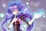  1girl ahoge blackdeeno blue_eyes blue_hair blush breasts dance_princess_of_the_ice_barrier duel_monster finger_to_mouth gloves hair_ornament looking_at_viewer one_eye_closed purple_scarf scarf short_twintails smile snow solo twintails white_gloves yuu-gi-ou 