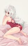  1girl ass bed_sheet feathered_wings from_behind highres kishin_sagume red_eyes red_swimsuit silver_hair simple_background single_wing solo swimsuit touhou waira white_background wings 