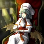  1girl ao-shiba bat_wings blue_hair capelet cup hat red_eyes remilia_scarlet sitting solo teacup touhou wings 
