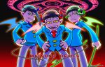  3boys :&lt; backlighting bent_over blue_necktie brothers demon_boy demon_horns demon_tail english fangs formal gradient gradient_background green_necktie horns kan_(tofslan) looking_at_viewer matsuno_choromatsu matsuno_karamatsu matsuno_osomatsu multiple_boys necktie osomatsu-kun osomatsu-san panty_&amp;_stocking_with_garterbelt parody pointy_ears red_necktie siblings simple_background slit_pupils style_parody suit tail twitter_username wings yellow_eyes 
