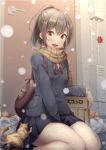  1girl backpack bag black_gloves blush brown_eyes brown_hair cat gloves groceries ichikawa_feesu long_hair looking_at_viewer open_mouth original ponytail scarf school_uniform sitting skirt smile snowing solo wariza 