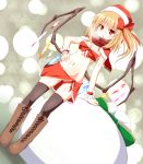  1girl bikini black_legwear blonde_hair boots capelet cross-laced_footwear crystal dutch_angle flandre_scarlet full_body lace-up_boots looking_at_viewer midriff misoshiru_(meridianchild312) navel open_mouth overskirt red_eyes scarf side_ponytail snowing snowman solo swimsuit thigh-highs touhou wings wrist_cuffs 
