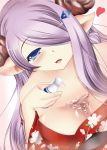  1girl blue_eyes breasts bust_cup close-up colored_eyelashes demon_horns floral_print granblue_fantasy hair_over_one_eye highres horns japanese_clothes kimono large_breasts lavender_hair lilybell long_hair narumeia_(granblue_fantasy) off_shoulder parted_lips pointy_ears solo 