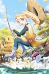  1girl blonde_hair brown_eyes fishing_rod hat highres long_hair outdoors pikachu poke_ball pokemon pokemon_(creature) ponytail sig_(sfried) water wind 