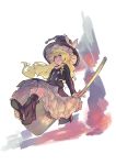  1girl blonde_hair bloomers boots bow braid broom broom_riding buttons flat_chest hair_bow hat jacket kirisame_marisa long_hair long_skirt pisoshi side_braid skirt smile solo touhou underwear upskirt witch_hat yellow_eyes 