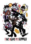  6+boys animal_ears balloon balloon_boy_(fnaf)_(cosplay) bib blue_eyes blue_necktie blush_stickers bonnie_(fnaf)_(cosplay) bowtie brothers chica_(cosplay) enerunaru eyepatch five_nights_at_freddy&#039;s food formal foxy_(fnaf)_(cosplay) freddy_fazbear_(cosplay) guitar highres hook_hand instrument matsuno_choromatsu matsuno_ichimatsu matsuno_juushimatsu matsuno_karamatsu matsuno_osomatsu matsuno_todomatsu multiple_boys necktie osomatsu-kun osomatsu-san pink_eyes pizza rabbit_ears sextuplets siblings striped_suit suit the_puppet_(fnaf)_(cosplay) title_parody 