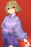  androgynous behind_back blush brown_hair collared_shirt cowboy_shot dark_persona dirty_clothes frisk_(undertale) hair_between_eyes heart hiding highres holding_knife holding_weapon knife knife_behind_back koyashaka59 long_sleeves purple_shirt red_background red_eyes shirt short_hair shorts smile solo striped striped_shirt teeth undertale 