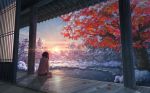  1girl artist_request lake long_hair original porch scenery solo sunset winter 