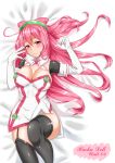  1girl black_legwear blush breasts character_name cleavage densuke_(iha-syuon) elbow_gloves garter_straps gloves hacka_doll hacka_doll_2 highres long_hair looking_at_viewer lying on_back pink_eyes pink_hair smile solo thigh-highs white_gloves 