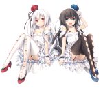  2girls :d albino argyle_cutout arm_at_side arms_at_sides bangs bare_shoulders black_bow black_hair black_legwear black_panties black_ribbon blue_bow blue_eyes blue_nails blue_shoes blush bow breasts collarbone crown detached_sleeves dress frills full_body garter_straps hair_between_eyes hand_on_headwear high_heels kasu_(return) long_hair looking_at_viewer multiple_girls nail_polish open_mouth original panties pantyshot pantyshot_(sitting) raised_hand red_bow red_nails red_shoes ribbon shoes simple_background sitting smile thigh-highs underwear upskirt very_long_hair white_background white_bow white_dress white_hair white_legwear white_panties white_ribbon wrist_cuffs 