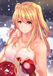  1girl aiiyu bare_arms blonde_hair breasts cleavage collarbone hair_between_eyes light_smile long_hair looking_at_viewer naked_towel nengajou new_year off_shoulder original snowing towel twintails two_side_up yellow_eyes 