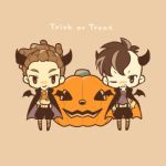  2boys ascot bat_wings brown_hair cape chibi crossed_arms english fudou_akio grin hairlocs halloween hand_on_hip horns inazuma_eleven inazuma_eleven_(series) jack-o&#039;-lantern kidou_yuuto looking_at_viewer lowres male_focus multiple_boys one_eye_closed pumpkin saku_anna short_hair shorts smile standing suspenders thigh-highs trick_or_treat wings 