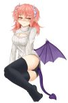  1girl aran_sweater bat_wings black_legwear black_panties blush breasts cleavage cleavage_cutout demon_girl highres horns large_breasts long_hair looking_at_viewer monster_girl monster_girl_encyclopedia no_pants open-chest_sweater original panties pink_eyes pink_hair pointy_ears ribbed_sweater short_hair smile solo sora_(sunday_sky) succubus succubus_(monster_girl_encyclopedia) sweater tail thigh-highs turtleneck turtleneck_sweater underwear wings 