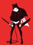  1girl blake_belladonna bow clockwork-cadaver dual_wielding full_body hair_bow holding_sword holding_weapon long_hair looking_at_viewer pantyhose red_background rwby shorts simple_background solo sword weapon yellow_eyes 