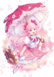  1girl cherry_blossom_cookie cherry_blossoms cookie_run highres long_hair looking_at_viewer parasol petals pink_eyes pink_hair pink_skirt puffy_short_sleeves puffy_sleeves short_sleeves skirt sliverbin smile solo two_side_up umbrella white_legwear 