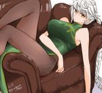  1girl alternate_costume asymmetrical_hair black_legwear braid breasts china_dress chinese_clothes couch dress flat_gaze green_dress hair_ornament hand_on_own_stomach kantai_collection large_breasts long_hair looking_at_viewer on_couch panties panties_under_pantyhose pantyhose pouty_lips shiratama_(shiratama_gold) side-tie_panties silver_hair single_braid solo turtleneck underwear unryuu_(kantai_collection) very_long_hair yellow_eyes 
