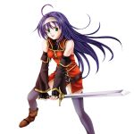  1girl black_gloves detached_sleeves fingerless_gloves fire_emblem fire_emblem:_akatsuki_no_megami gloves green_eyes highres holding_sword holding_weapon long_hair mia_(fire_emblem) purple_hair simple_background solo sword tamamon thigh-highs weapon white_background 