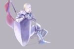  1boy armor armored_boots bird blonde_hair fire_emblem fire_emblem_if gauntlets gloves green_eyes grey_background ignis_(fire_emblem_if) kuzumosu lance long_hair polearm shield simple_background sitting solo weapon 