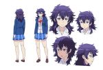  1girl black_hair character_request character_sheet ear_piercing earrings expressions full_body hair_between_eyes half-closed_eyes jewelry loafers long_hair messy_hair piercing plaid plaid_skirt pleated_skirt shoes skirt slouching small_breasts solo suzuki_ken&#039;ya 