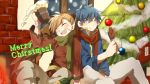  2boys :d alcohol artist_request beer bird_wings blue_eyes blue_hair blush christmas_tree closed_eyes eating fire_emblem fire_emblem:_souen_no_kiseki food green_scarf headband ike janaff long_sleeves meat merry_christmas multiple_boys open_mouth red_scarf scarf smile wings 