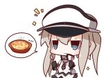  1girl :3 blue_eyes capelet chibi food graf_zeppelin_(kantai_collection) gratin hat highres kantai_collection looking_at_viewer mvp nuu_(nu-nyu) peaked_cap silver_hair solo sparkle spoken_object twintails 