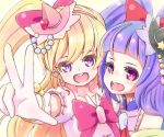  2girls :d asahina_mirai blonde_hair blue_hair bow cure_magical cure_miracle gloves hair_bow hat heart izayoi_liko long_hair looking_at_viewer magical_girl mahou_girls_precure! multiple_girls open_mouth pink_eyes ponytail precure shijimi_(michikusa_honpo) smile v violet_eyes white_gloves witch_hat 