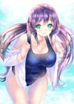  1girl blush breasts gorua_(youce01) green_eyes long_hair love_live!_school_idol_project one-piece_swimsuit purple_hair smile solo swimsuit toujou_nozomi twintails 
