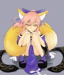  1girl animal_ears bare_shoulders bow breasts caster_(fate/extra) cleavage detached_sleeves fate/extra fate/stay_night fate_(series) fox_ears fox_tail hair_bow hair_ribbon highres japanese_clothes long_hair looking_at_viewer pink_hair ribbon smile solo tail thigh-highs twintails yellow_eyes 