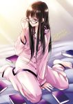  1girl black_hair blush glasses himawari-san himawari-san_(character) long_hair pajamas solo sugano_manami violet_eyes 