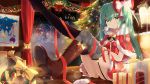  1girl artist_name boots christmas christmas_tree garter_straps gift green_eyes green_hair hatsune_miku highres k.syo.e+ knee_boots looking_at_viewer sitting solo thigh-highs twintails vocaloid 