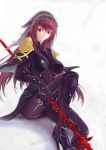  1girl absurdres bodysuit fate/grand_order fate_(series) gae_bolg highres long_hair pauldrons polearm purple_hair red_eyes scathach_(fate/grand_order) sitting solo spear veil weapon 
