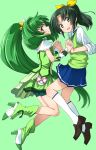  2girls :d bike_shorts blue_skirt boots cure_march dress dual_persona eyelashes green green_background green_dress green_eyes green_hair green_legwear green_shirt green_skirt hair_ornament hair_ribbon happy high_heel_boots high_heels long_hair looking_at_viewer magical_girl midorikawa_nao multiple_girls necktie open_mouth ponytail precure ribbon shirt shoes shorts shorts_under_skirt skirt sleeves_rolled_up smile smile_precure! socks tri_tails very_long_hair white_legwear wrist_cuffs yone 