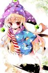  1girl adapted_costume barefoot blonde_hair blush clownpiece fairy_wings hand_on_hip hat highres hoodie itotin jester_cap long_hair red_eyes solo touhou very_long_hair wings 