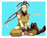  1girl ankle_wraps antenna_hair arm_wrap bandana barefoot black_hair breasts don_(street_fighter) fingerless_gloves full_body gloves grin hip_vent ibuki_(street_fighter) indian_style long_hair ninja ponytail raccoon sitting smile solo split_ponytail street_fighter street_fighter_iii takehana tanuki 