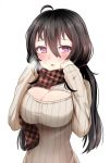  1girl ahoge antenna_hair beifeng_han blush breasts breathing cleavage_cutout hair_between_eyes large_breasts long_hair loose_socks miyaura_sanshio open-chest_sweater original parted_lips plaid plaid_scarf scarf socks solo sweater twintails 