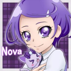  &gt;_&lt; 1girl cat closed_eyes davi_(dokidoki!_precure) dokidoki!_precure kenzaki_makoto looking_at_viewer lowres mizuha_(mzhzn) plaid plaid_background precure purple purple_background purple_hair short_hair smile violet_eyes 