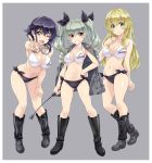  3girls ;d anchovy bikini black_hair blonde_hair boots braid breasts brown_eyes carpaccio cleavage collarbone drill_hair full_body girls_und_panzer goggles goggles_around_neck green_eyes green_hair grey_background grin hair_over_breasts hand_on_hip hand_on_own_chest hand_on_own_thigh highres jacket_on_shoulders knee_boots large_breasts leaning_forward long_hair multiple_girls nagayori navel one_eye_closed open_mouth pepperoni_(girls_und_panzer) riding_crop short_hair side-tie_bikini side_braid simple_background smile swimsuit twin_drills twintails yellow_eyes 