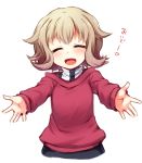  1girl atra_mixta blush closed_eyes grey_hair gundam gundam_tekketsu_no_orphans heart long_sleeves mikan_(ama_no_hakoniwa) open_mouth outstretched_arms short_hair smile solo sweater white_background 