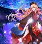  1girl black_dress blonde_hair chinese_clothes cygni dress earth hat highres junko_(touhou) long_hair long_sleeves red_eyes ribbon smile solo space star_(sky) tabard touhou very_long_hair wide_sleeves 