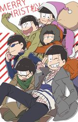  6+boys :3 bespectacled black_eyes black_hair brothers christmas coat glasses grin hand_in_pocket hat hood kl male_focus matsuno_choromatsu matsuno_ichimatsu matsuno_juushimatsu matsuno_karamatsu matsuno_osomatsu matsuno_todomatsu merry_christmas multiple_boys one_eye_closed open_mouth osomatsu-kun osomatsu-san pun santa_costume santa_hat sextuplets siblings smile sunglasses 