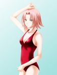  1girl blue_background breasts casual_one-piece_swimsuit cleavage covered_navel green_eyes haruno_sakura highres naruto one-piece_swimsuit pink_hair red_swimsuit short_hair solo swimsuit tamamon 