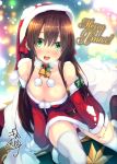  1girl :d artist_request ass_visible_through_thighs bare_shoulders blush boots breasts breath brown_hair cleavage dress dress_tug fur-lined_boots fur_trim hat long_hair looking_at_viewer merry_christmas open_mouth panties pantyshot pink_panties red_dress sack santa_hat sidelocks smile snowing solo thigh-highs underwear white_legwear 
