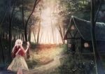  1girl albino butterfly_on_hand forest house long_hair looking_at_viewer miyakure nature path red_eyes revision road shirt silver_hair skirt smile solo sound_horizon white_hair 