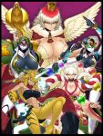  5girls abs android animal_ears aqua_eyes blonde_hair blue_eyes breasts claws cleavage collage collar commentary_request covered_nipples crown dark_skin energy_sword feathered_wings fighting_stance floating_object fox_ears glowing glowing_hands hip_vent huge_breasts japanese_clothes jewelry large_breasts long_hair monster_girl multicolored_hair multiple_girls no_pupils orb redhead reverse_grip ring rope shimenawa short_hair smile space_jin staff strapless sword talons tubetop two-tone_hair violet_eyes weapon white_hair wings yellow_eyes 