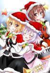  3girls adapted_costume bell blonde_hair blush brown_eyes brown_hair capelet christmas christmas_ornaments christmas_tree closed_eyes commentary_request hachimi hat highres hug hug_from_behind instrument keyboard_(instrument) lunasa_prismriver lyrica_prismriver merlin_prismriver multiple_girls open_mouth santa_hat shirt siblings silver_hair sisters skirt skirt_set smile star touhou trumpet vest 
