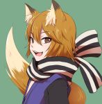  animal_ears brown_eyes fire_emblem fire_emblem_if fox_ears fox_tail green_background nishiki_(fire_emblem_if) open_mouth orange_hair pamm scarf simple_background solo tail 