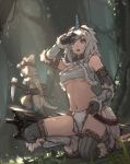  1girl :o animal bandeau bangs bare_shoulders belt blue_eyes breasts cat dappled_sunlight elbow_gloves felyne fur_trim gloves goggles goggles_on_head grass hairband horn kirin_(armor) kneeling loincloth long_hair looking_afar midriff monster_hunter mushroom navel open_mouth outdoors shading_eyes sickle solo thigh-highs tree under_boob vest weapon white_hair xiao_qiang_(overseas) 