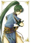  1girl delsaber fingerless_gloves fire_emblem fire_emblem:_rekka_no_ken gloves green_eyes green_hair hair_ornament long_hair looking_at_viewer lyndis_(fire_emblem) solo sword very_long_hair weapon 