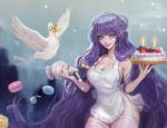  1girl apron bird blush breasts cake candle cleavage copyright_name double_bun fang food highres long_hair macaron mousse mousse_(duck) naked_apron open_mouth pastry_bag pink_legwear purple_hair ranma_1/2 shampoo_(ranma_1/2) smile solo thigh-highs very_long_hair wonst92 