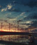  1girl clouds highres natsu_(hottopeppa3390) original rice_paddy ripples scenery sky solo summer sunset telephone_pole water 
